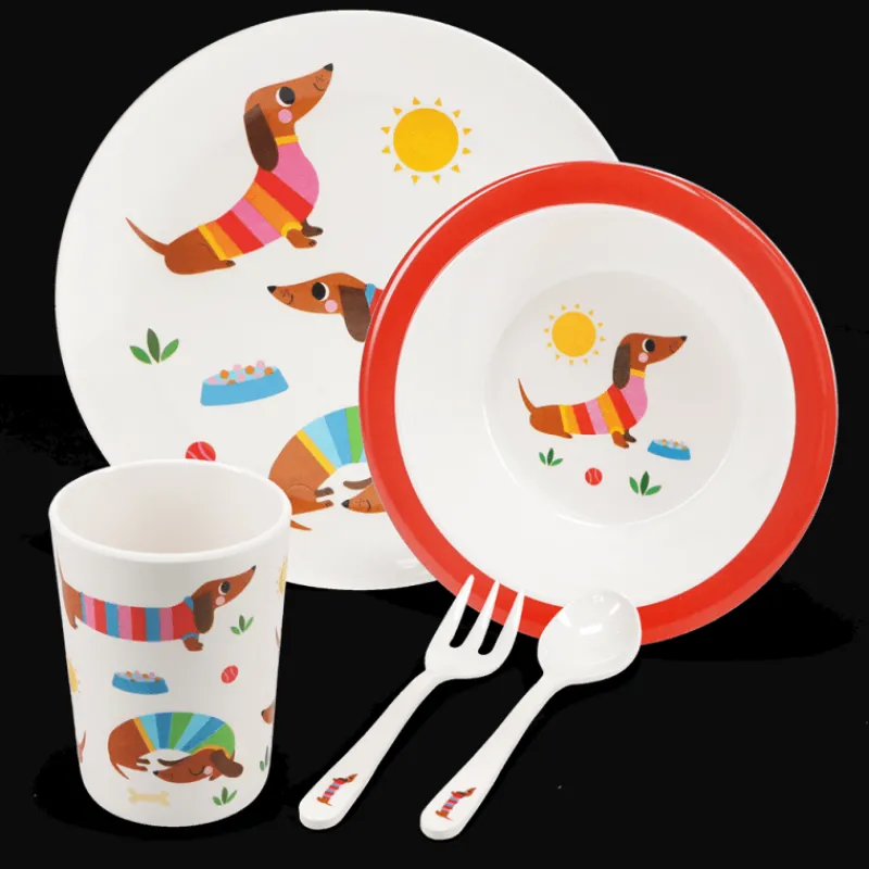 Rex London Children's melamine dinner set (5 pieces) - Sunny Sausage Dog Best