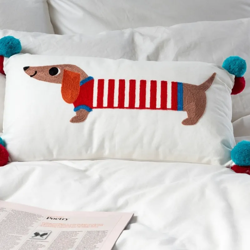 Rex London Embroidered cushion with pom poms - Sausage Dog Fashion
