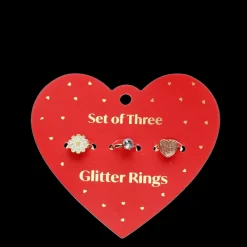 Rex London Glitter rings (set of 3) - Heart & flower Hot