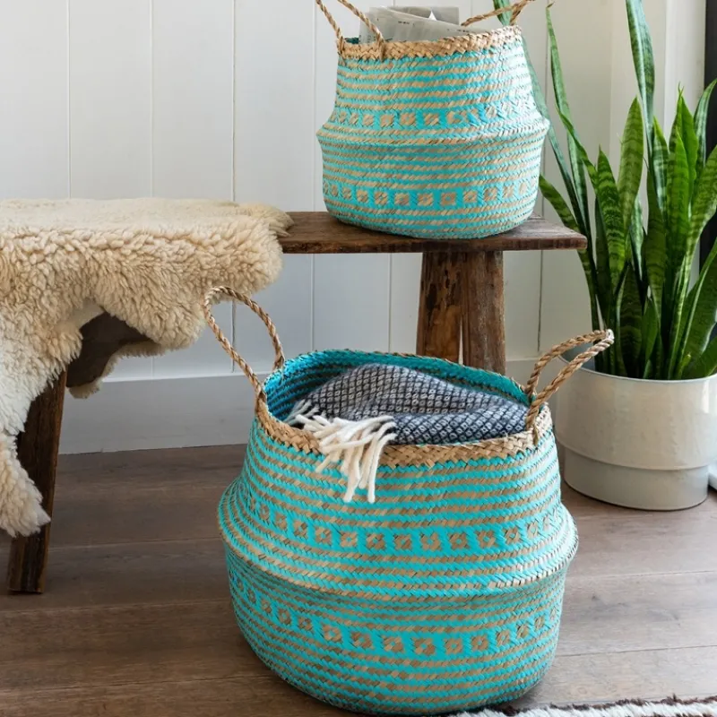 Rex London Large seagrass belly basket - Turquoise Hot