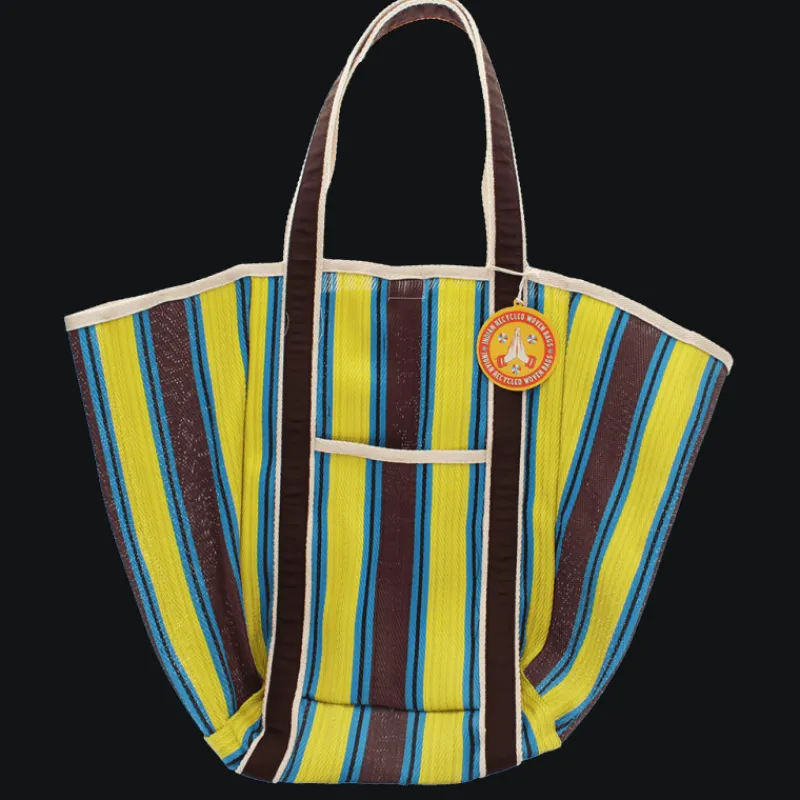 Rex London Recycled woven tote bag with canvas handles - Brown, yellow, teal Hot