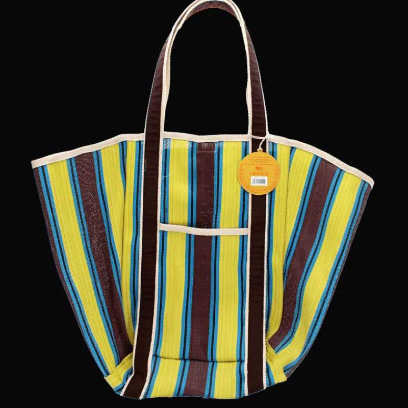 Rex London Recycled woven tote bag with canvas handles - Brown, yellow, teal Hot
