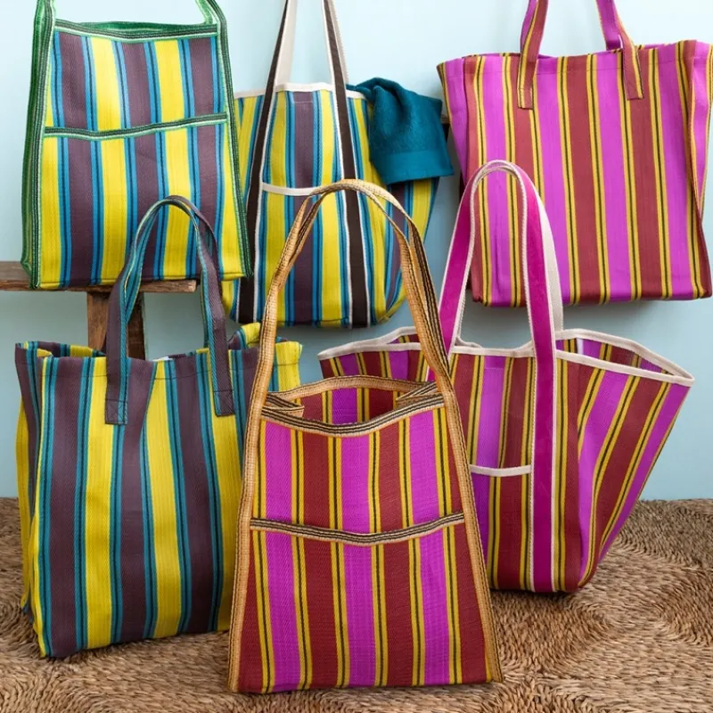 Rex London Recycled woven tote bag with canvas handles - Brown, yellow, teal Hot