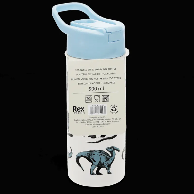 Rex London Stainless steel bottle with push button lid 500ml - Dinosaur Best