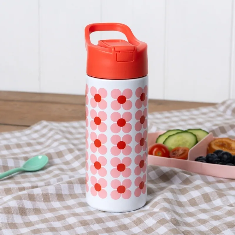 Rex London Stainless steel bottle with push button lid 500ml - Pink daisy Outlet