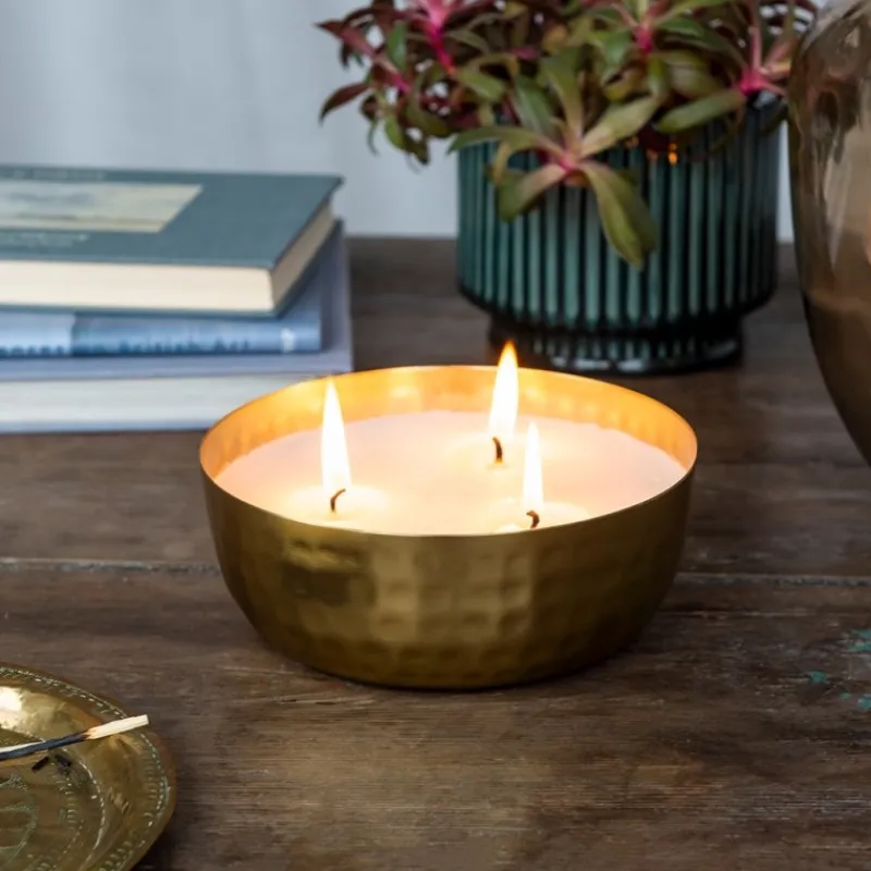 Rex London 3-wick scented candle bowl - Gold tone hammered metal Clearance